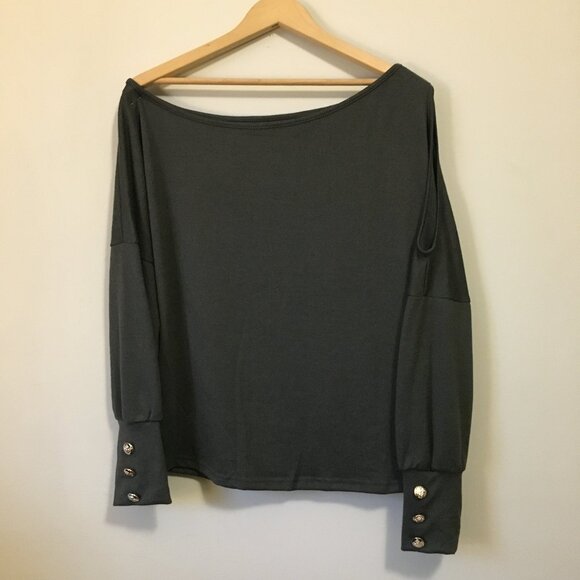 Olive Knit Off Shoulder Cold Sholder Sweater With Heraldry Buttons - Picture 1 of 15